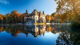 Majestic historical building reflected in a calm lake amid autumn foliage.