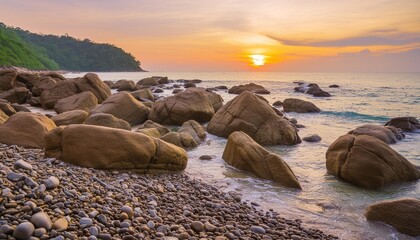 Wall Mural - landscape concept background of beautiful rocks on the beach at sunset