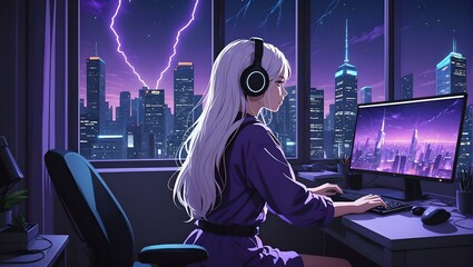 Anime girl blonde long hair with headphones working on laptop in home office at night, window  view to skyscrapers purple sky with flash of lightning 