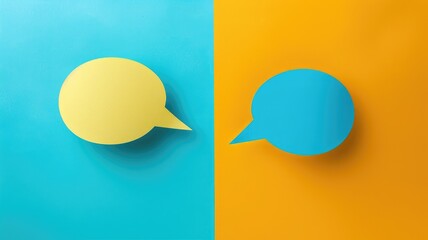 Two speech bubble shapes on blue and yellow background, representing communication