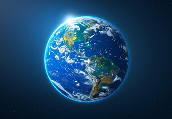 Sticker - the earth from space, blue glow around the planet, realistic photography, blue background