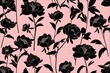 Chic and minimalistic floral graphic, a beautiful choice for stationery products and packaging materials.pink background, black floral design in the style of simple shapes, seamless pattern