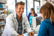 © Garnar - Smiling Caucasian male pharmacist at counter, consulting female customer with medicine or prescription drugs sales at drug store. Concept professional, friendly pharmacy service, pharmaceutical care