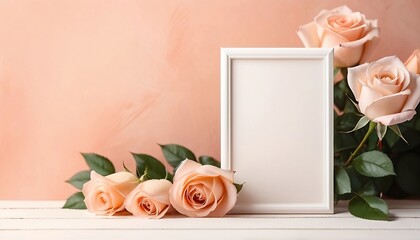 Mother's Day, spring, valentine's day or other celebration holiday concept greeting card template -Roses and white empty rectangular paper note frame on peach fuzz table background generative ai