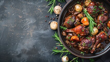 Poster - Braised meat with mushrooms, onions, and rosemary in dark bowl on textured surface