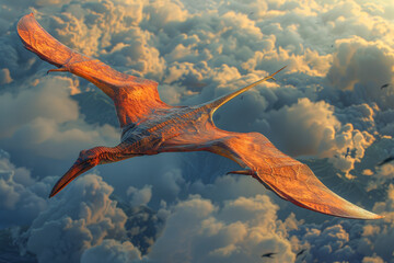 Wall Mural - A graceful Pteranodon, soaring through the prehistoric skies with its impressive wingspan, hunting for fish in ancient seas. Concept of flying reptile. Generative Ai.