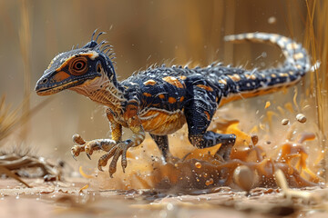 Wall Mural - A stealthy Compsognathus, with its small size and swift movements, scavenging for scraps in the wake of larger predators. Concept of small scavenging dinosaur. Generative Ai.