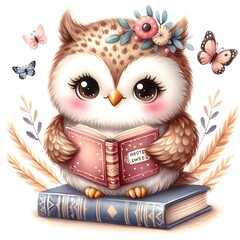 Wall Mural - Watercolor cute owl  reading book, isolated