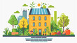 ​BIOECONOMY : Illustration of an eco-friendly house with solar panels on the roof, surrounded by greenery, and set against a backdrop of a sustainable city.