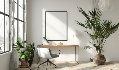 Poster - mockup frame in a light, airy office space. Clean, minimalist design with a focus on simplicity and detail
