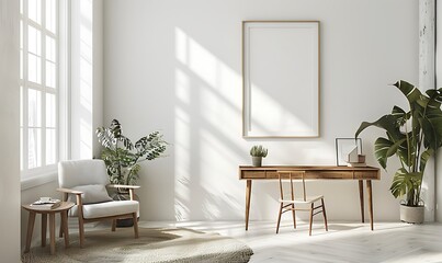 Poster - mockup frame in a light, airy office space. Clean, minimalist design with a focus on simplicity and detail
