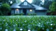 Raindrops delicately poised on vibrant green grass with a softly focused house in the background, bathed in the serene light of twilight