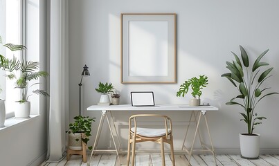 Poster - mockup frame in a light, minimalist office environment. Focus on clean aesthetics and simple details