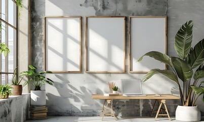Poster - mockup frame in a light, minimalist office environment. Focus on clean aesthetics and simple details