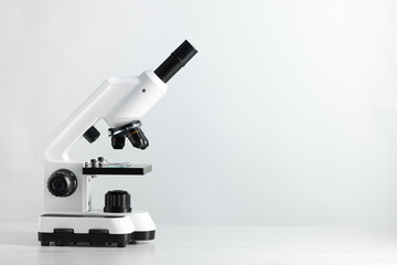 Modern microscope on white table, space for text