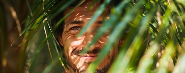 Canvas Print - Smiling man peeking through green leaves