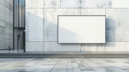 Wall Mural - Blank billboard on a modern building facade on a white marble-floored street, ad concept, Generative AI. realistic