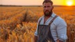 Portrait of a rugged, bearded farmer standing in a golden wheat field at sunset, evoking a sense of hard work and connection to the land