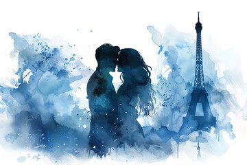 Blue watercolor paint of couple in love kissing by the eiffel tower