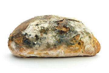 a piece of bread with moldy surface on a white surface