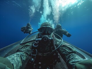 Wall Mural - A man in a scuba suit is taking a picture of himself underwater. The other two men are also in the water, and they are all wearing scuba gear. The scene is underwater, and the water is clear and blue