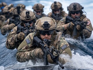 Wall Mural - A group of soldiers are in the water, wearing camouflage and holding guns. Scene is intense and focused, as the soldiers are likely preparing for a mission or training exercise