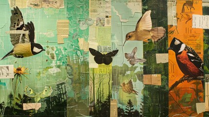 Wall Mural - Eco friendly collage Recycled materials, green tones, nature, wildlife imagery, Ai Generated