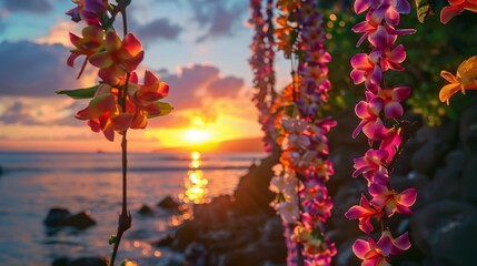 Wall Mural - Tropical sunset through hanging flowers