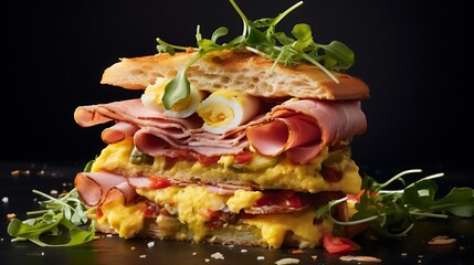 Wall Mural - sandwich with ham, cheese and herbs on a wooden background.