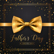 Fathers Day, June 16th. Vector Background. Black and Golden Banner with Realistic Bow Tie, Falling Confetti, Lettering, Typography. Silk Glossy Bowtie, Gentleman Tie. Fathers Day Concept