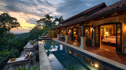 Wall Mural - A large house with a pool and a balcony overlooking a mountain