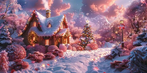 Charming Christmas house with pink frosting, snowy tree, and candy-scattered yard. Enchanting scene under Cotton Candy clouds.