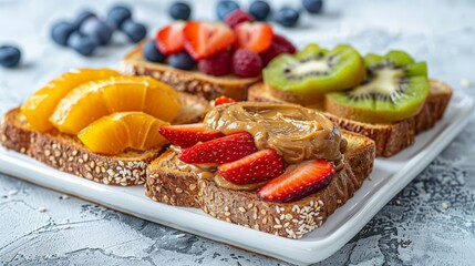 fruit and nut butter toasts on white plate, accompanied by sliced strawberries and kiwis, on a transparent background