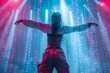 A woman is dancing in front of a light show