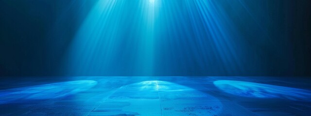 Dark blue background with light rays, glowing and shining on the floor, creating an atmospheric effect.