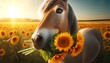 © FantasyLand86 - A close-up of a horse in a sunny field, gently gripping a stalk of sunflowers between its teeth.