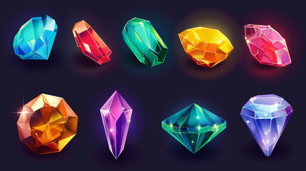 Set of Awesome gem icon isolation on dark background, Illustration.