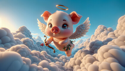 Charming 3D character of an angel cherub piggy, with adorable wings and a playful expression, perfect for whimsical scenes.