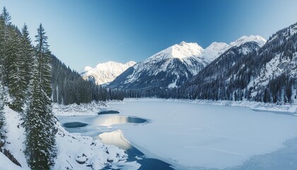 Wall Mural - winter panoramic landscape with scenic frozen mountain lake and clear blue sky alps concept photography