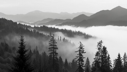Wall Mural - horizontal banner magical misty landscape silhouette of forest and mountains fog nature background gray and white illustration bookmark