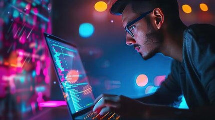 Amazing Student online cute guy in checked shirt with glasses studying on computer