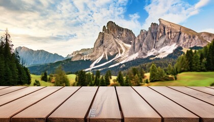 Poster - the empty wooden brown table top with blur background of dolomite mountain exuberant image generative ai