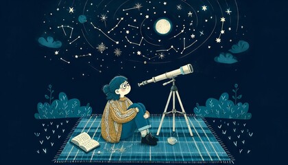 A detailed, whimsical illustration of a young girl character similar to the one described, lying on a blanket at night, stargazing.