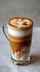 Wall Mural - Layered Latte Art, A tall glass mug filled with a latte featuring beautifully layered espresso and steamed milk