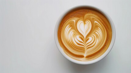 Coffee Art, A close-up shot of latte art on the surface of a coffee cup, such as a heart, leaf, or rosetta design, isolated on a white background