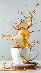 Wall Mural - Coffee Splash, An action shot of coffee splashing out of a cup or mug, captured in mid-air against a white background