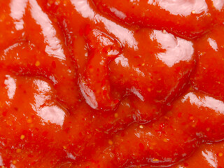 Sticker - ketchup sauce in a white plate. top view.