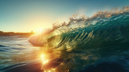 Sticker - beautiful rolling seawater wave with sunset view