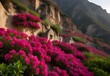 A rocky cliffside adorned with clusters of vibrant bougainvillea, their papery blooms creating a riot of color against the rugged terrain, a testament to nature's resilience, generative AI
