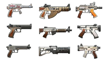 vector stickers of different types of firearms and knives or fantasy swords